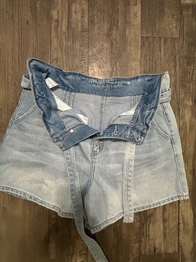 American Eagle Outfitters Light Blue Denim Belted High-Rise Shorts